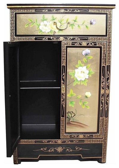 Gold Leaf Storage Cabinet, MDF With Drawer, Floral Oriental Chinese Design DL Traditional