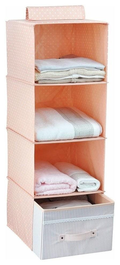 Hanging Wardrobe Storage Shelves, Fabric With 1-Drawer, Pink DL Modern