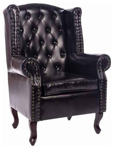 Highback Armchair Upholstered, PU Leather, Hardwood Legs, Antique Design, Black DL Contemporary