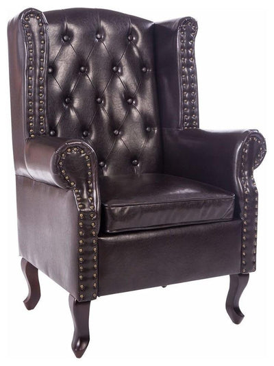 Highback Armchair Upholstered, PU Leather, Hardwood Legs, Antique Design, Brown DL Contemporary