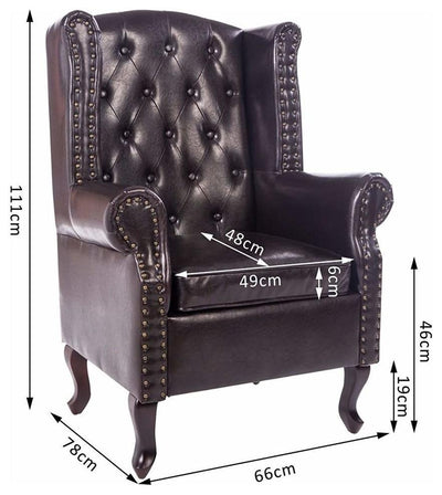 Highback Armchair Upholstered, PU Leather, Hardwood Legs, Antique Design, Brown DL Contemporary