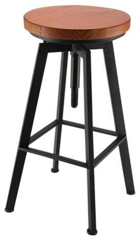 Industrial Bar Stool, Black Iron Frame and Wooden Top, Simple Round Design DL Industrial