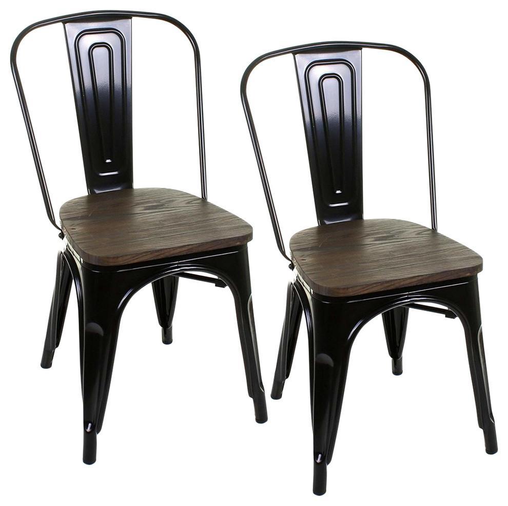 Industrial Set of 2 Chairs, Solid Metal With Wooden Seat, Vintage Design, Black DL Industrial
