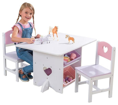 Kids Table and Chair Set, White Painted MDF With Storage Bins, Heart Design DL Modern