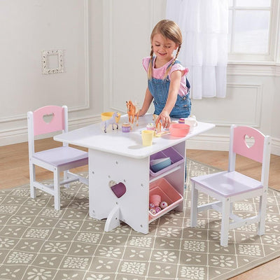 Kids Table and Chair Set, White Painted MDF With Storage Bins, Heart Design DL Modern