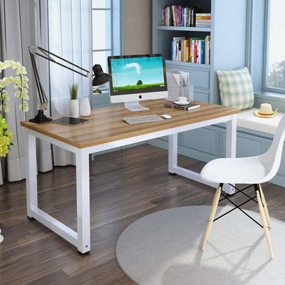 Large Desk Table With Steel Frame and MDF Top, Simple Modern Design, Light Oak DL Modern
