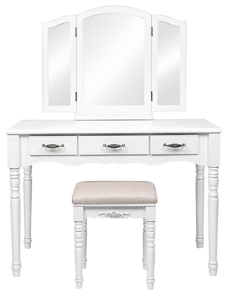 Large Dressing Table Set With Tri-folding Mirror and Cushioned Stool, 3-Drawer DL Modern