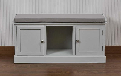 Large Hallway Cabinet in Paulownia Wood With Cushioned Seat, Chrome Handles DL Modern