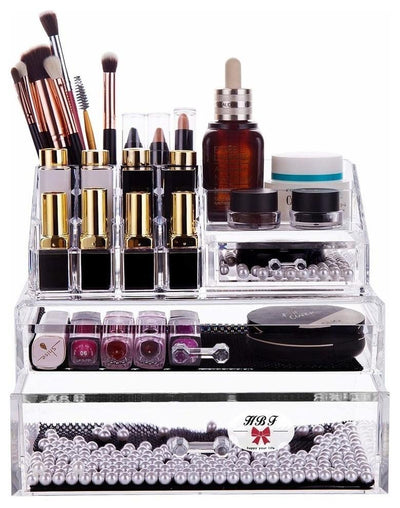 Makeup Organiser, Clear Acrylic With 2-Drawer and Compartments on The Top DL Modern