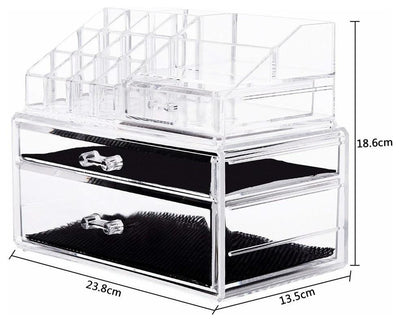 Makeup Organiser, Clear Acrylic With 2-Drawer and Compartments on The Top DL Modern