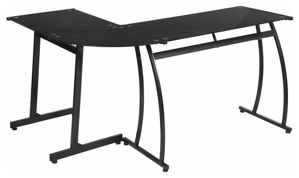 Moder Desk With Strong Steel Frame, Tempered Glass Top, L Shaped Design, Black DL Modern