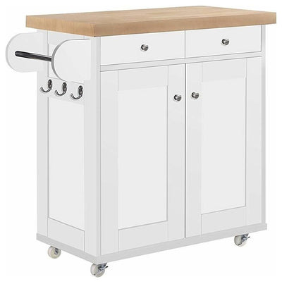 Modern 2-Drawer 1-Cabinet Storage Trolley Cart, Oak Wooden Worktop, White DL Modern