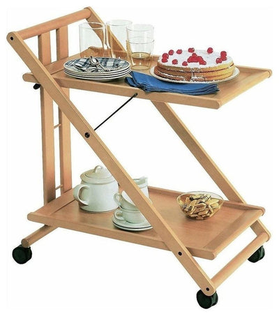 Modern 2-Tier Serving Trolley Cart, Solid Beech Wood, Folding Design, Natural DL Modern