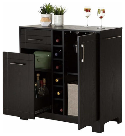 Modern Bar Cabinet, Black Oak Finished Wood With Bottle And Glass Storage DL Modern