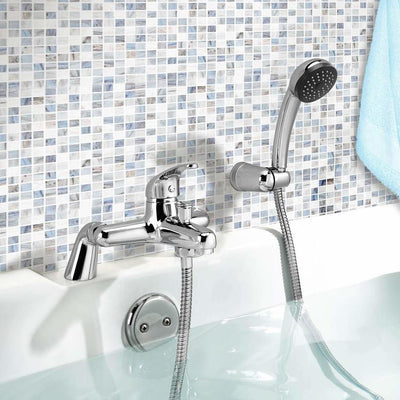 Modern Bath Filler Mixer Tap  and Hand Held Shower Head Set Chrome Plated Finish DL Modern