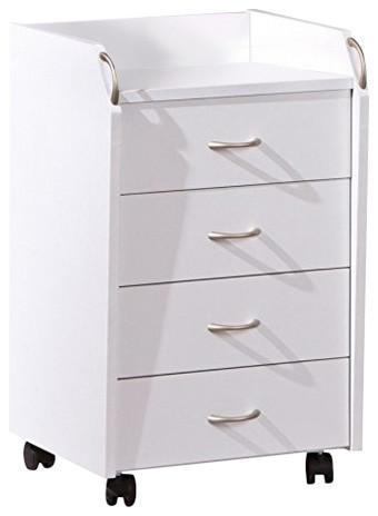 Modern Chest of Drawers, Solid Wood With 4-Drawer and 4 Castor Wheels, White DL Modern