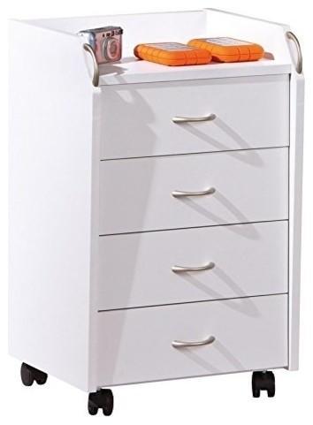 Modern Chest of Drawers, Solid Wood With 4-Drawer and 4 Castor Wheels, White DL Modern