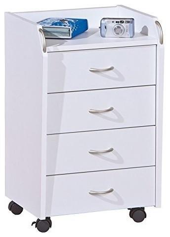 Modern Chest of Drawers, Solid Wood With 4-Drawer and 4 Castor Wheels, White