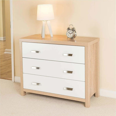 Modern Chest of Drawers with Oak Finished Frame and White 3 Storage Drawers DL Modern