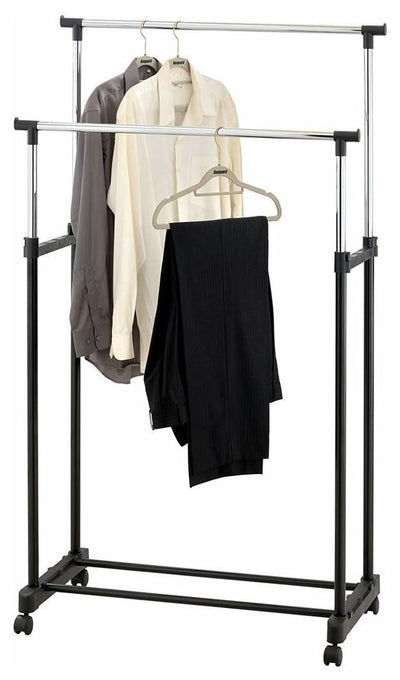 Modern Clothes Rack, Metal, Double Adjustable Hanging Rails and Wheels DL Modern