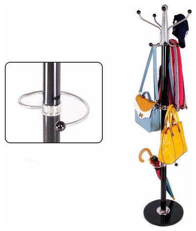 Modern Clothes Rack, Steel With Solid Base, Umbrella Holder and 15-Hook, Black DL Modern