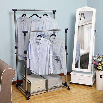 Modern Clothes, Stainless Steel Rack With Wheels and Double Hanging Rail DL Modern