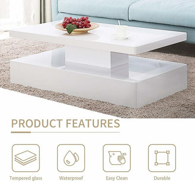 Modern Coffee Table, White MDF With Tempered Glass DL Modern