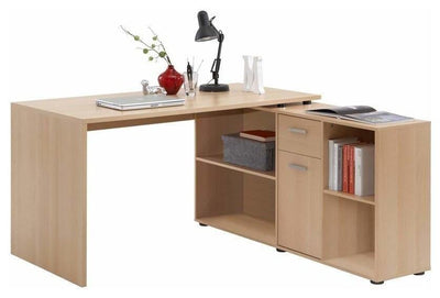 Modern Corner Desk, Melamine Wood With Open Shelves, Door and Drawer, Beech DL Modern