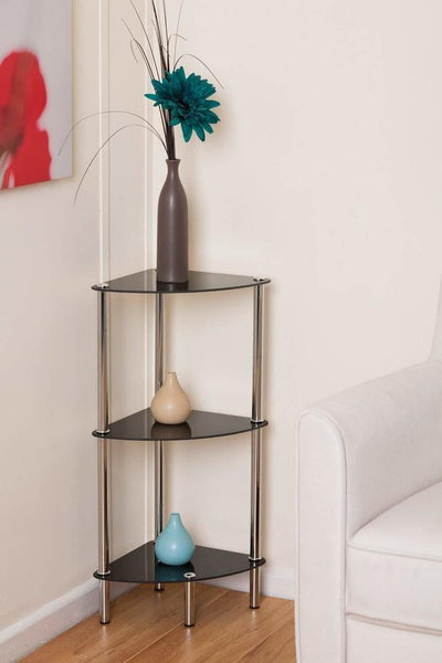 Modern Corner Display Unit, Tempered Glass and Chrome Legs With 3 Open Shelves DL Modern