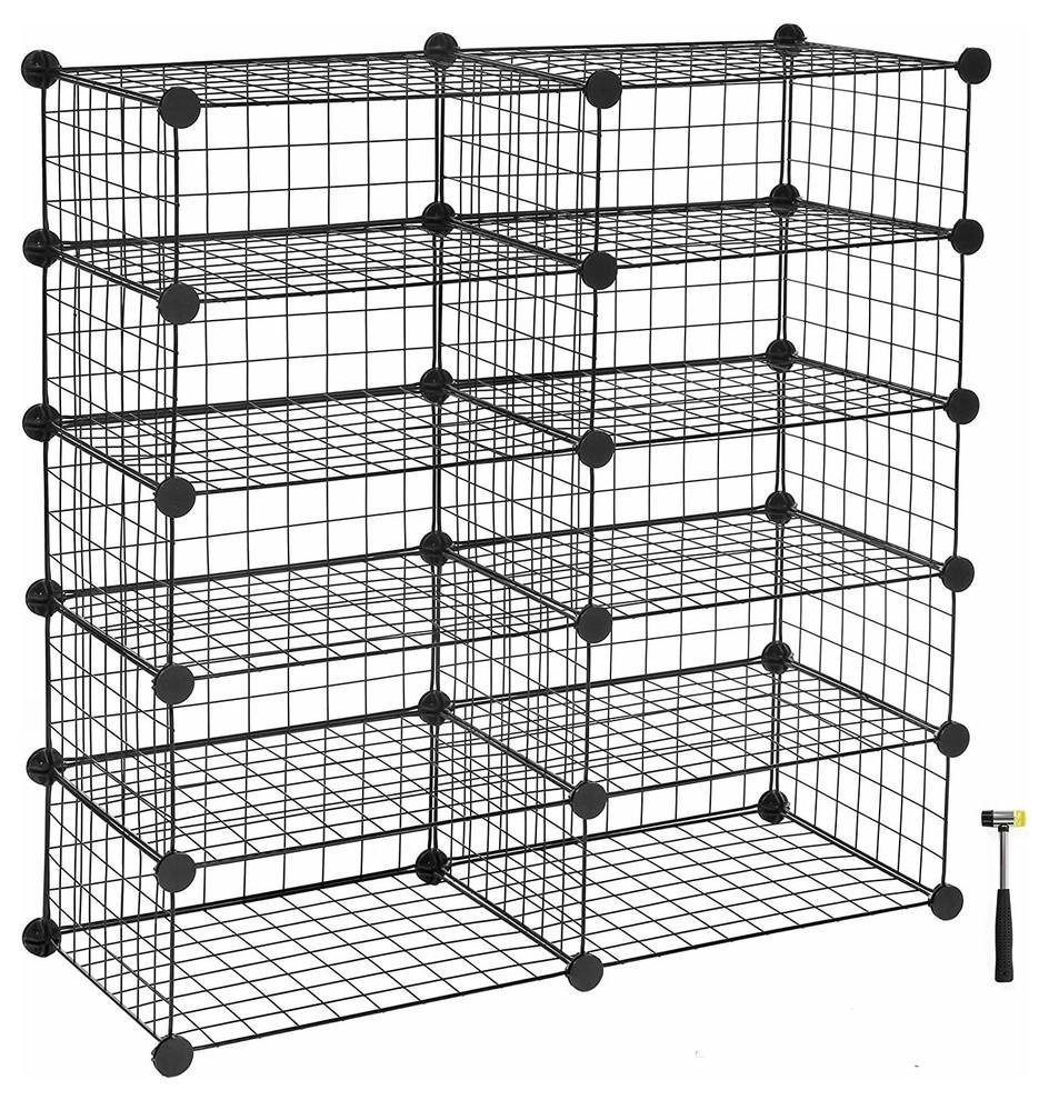 Modern Cube Shoe Rack, Metal Wiremesh With 10 Compartments, Black DL Modern