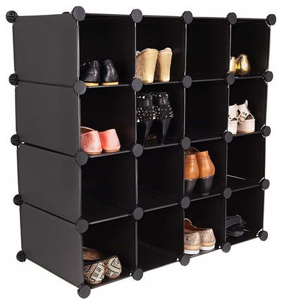 Modern Cube Shoe Rack Organiser, Plastic With 16-Section for Extra Storage Black DL Modern