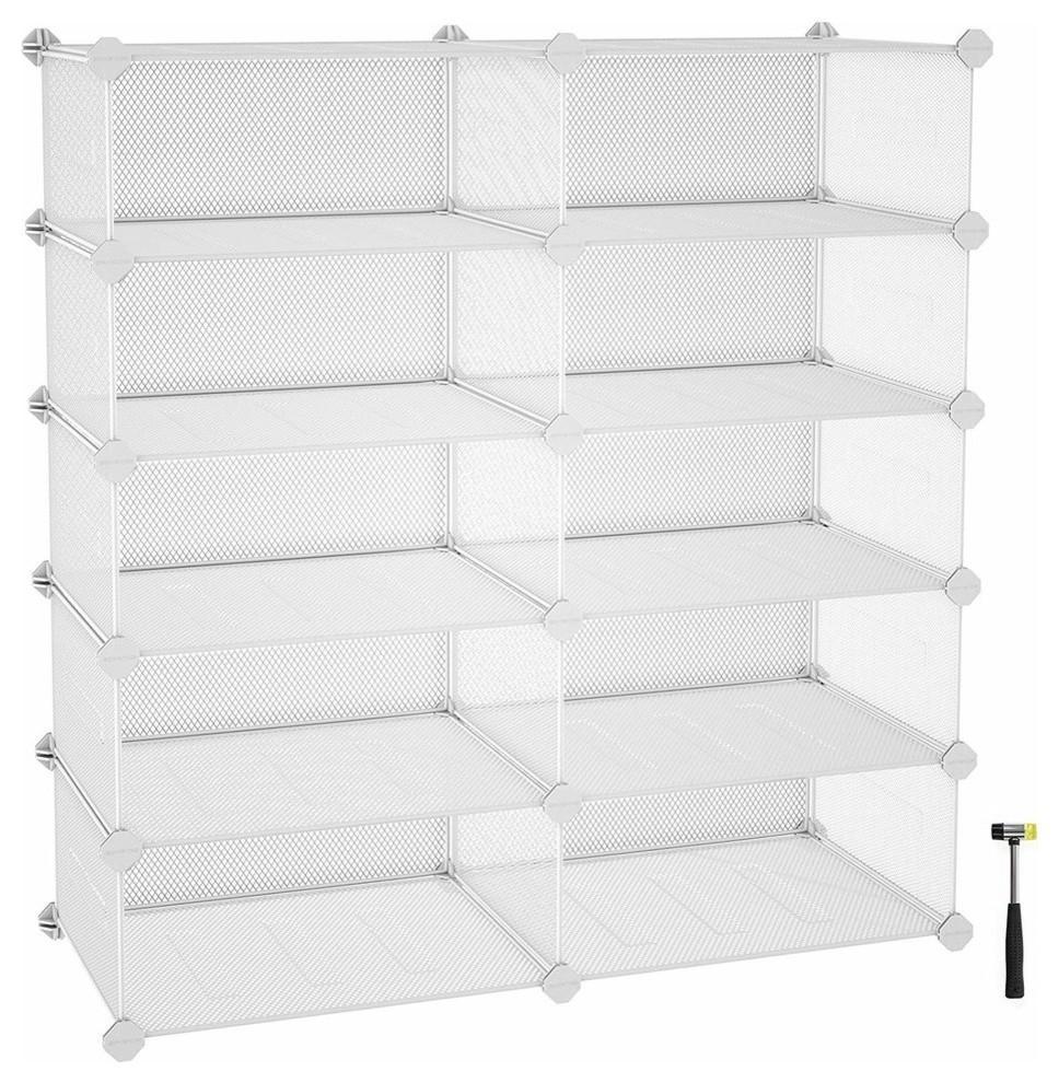Modern Cube Shoe Rack with  Metal Mesh Shelves, White, 10-Cube DL Modern