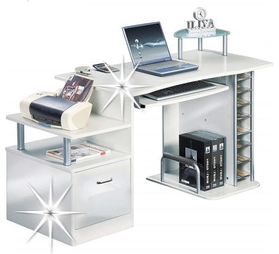 Modern Desk With Keyboard Tray, CD and CPU Rack, Storage Cabinet, Gloss White DL Modern
