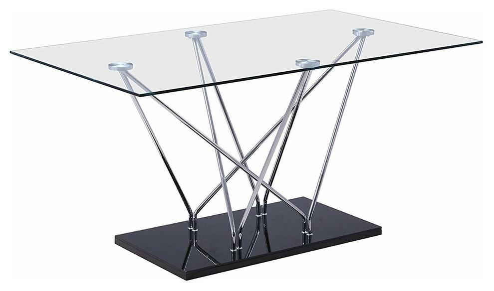 Modern Dining Table, Clear Tempered Glass Top and Black High Gloss Base DL Modern