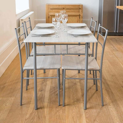 Modern Dinner Table and Chairs, Solid Wood, Steel Frame, Chrome, 5-Piece Set DL Modern