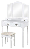 Modern Dressing Table Set, White MDF With Tri-Fold Mirror and Cushioned Stool DL Modern