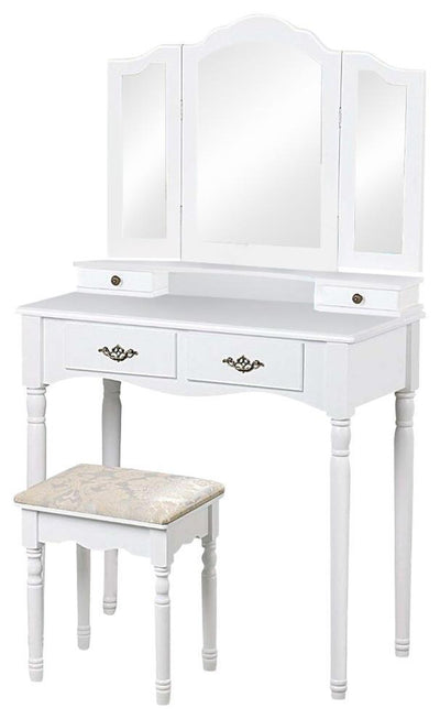 Modern Dressing Table Set, White MDF With Tri-Fold Mirror and Cushioned Stool DL Modern