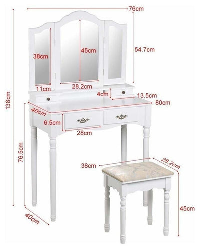 Modern Dressing Table Set, White MDF With Tri-Fold Mirror and Cushioned Stool DL Modern