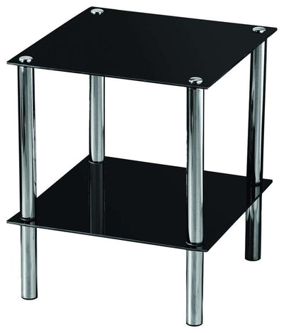 Modern End Table With Black Glass and Chrome Finished Frame, Open Shelves DL Modern