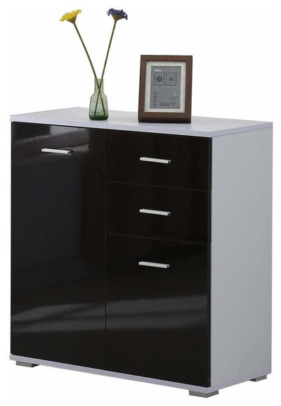 Modern High Gloss Chest of 3-Drawer, Door & Inner Shelf, Black DL Modern