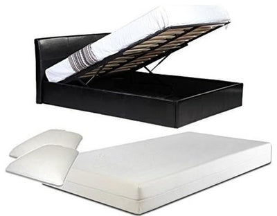 Modern Lift Up Bed Upholstered, Faux Leather, Storage Space, Small Double, Black DL Modern
