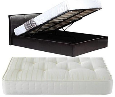Modern Lift Up Bed Upholstered, Faux Leather, Storage Space, Small Double, Brown DL Modern