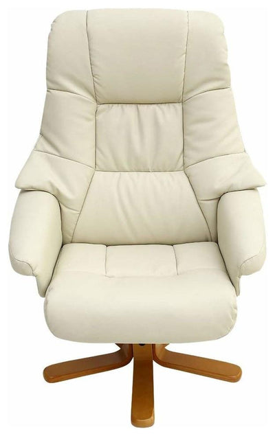 Modern Recliner in Bonded Leather with Star Wooden Base and Footstool, Cream DL Modern