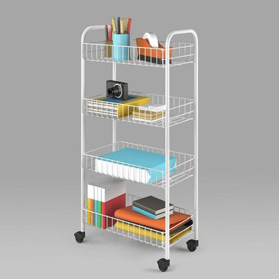 Modern Rolling Trolley Cart, White Finished Steel With 4 Storage Baskets DL Modern