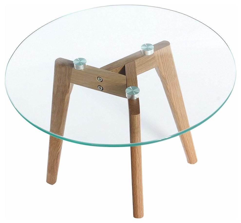 Modern Round Coffee Table With Oak Wooden Legs and Tempered Glass Top DL Modern