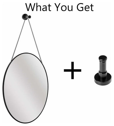 Modern Round Mirror With Black Finished Metal Frame, Hanging Chain and Hook DL Modern