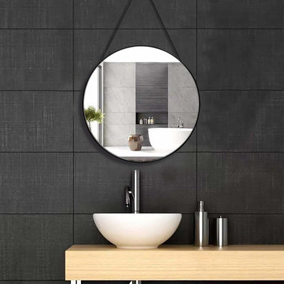 Modern Round Mirror With Black Finished Metal Frame, Hanging Chain and Hook DL Modern