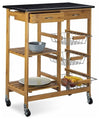 Modern Serving Trolley Cart, Bamboo Wood With Marble Top and 2 Extra Drawers DL Modern