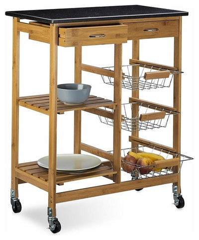 Modern Serving Trolley Cart, Bamboo Wood With Marble Top and 2 Extra Drawers DL Modern