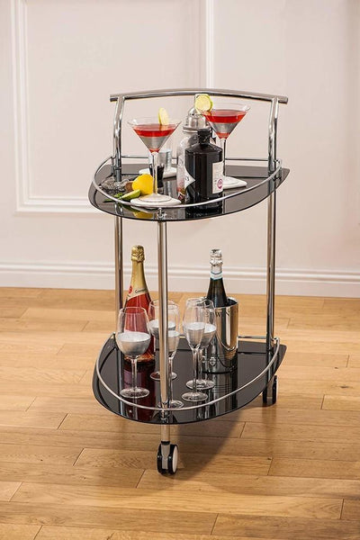 Modern Serving Trolley Cart, Chromed Steel Frame and 2 Glass Curved Shelves DL Modern